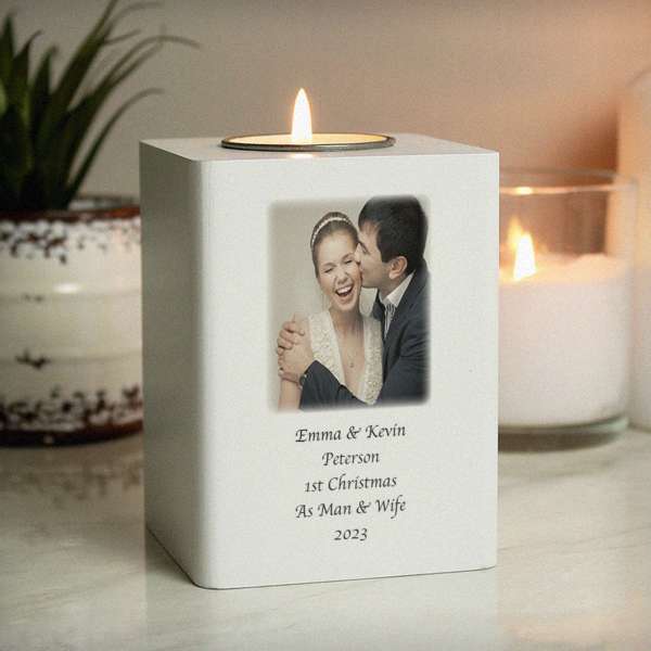 (image for) Personalised Photo Upload White Wooden Tea light Holder