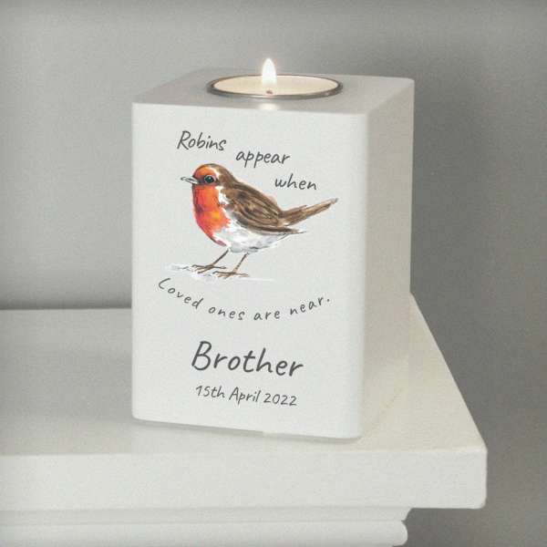 (image for) Personalised Robins Appear White Wooden Tea light Holder