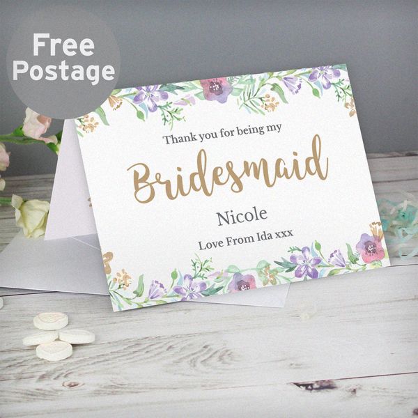 (image for) Personalised Bridesmaid 'Floral Watercolour Wedding' Card