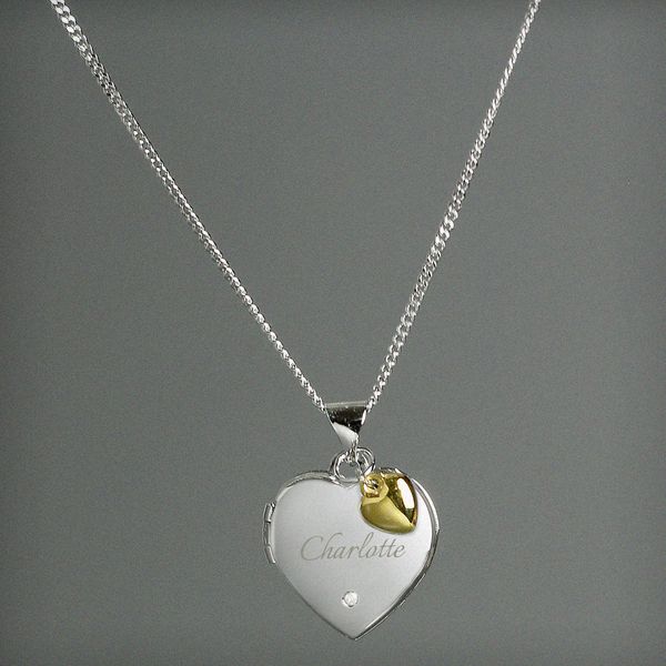 (image for) Personalised Sterling Silver Heart Locket Necklace with Diamond and 9ct Gold Charm