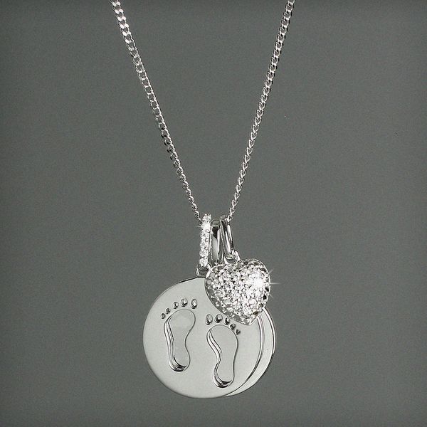 Modal Additional Images for Personalised Sterling Silver Footprints and Cubic Zirconia Heart Necklace