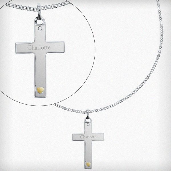 Modal Additional Images for Personalised Sterling Silver Cross with 9ct Gold Heart & CZ Necklace