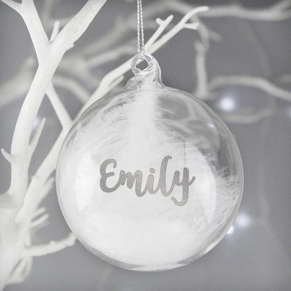 (image for) Personalised Silver Glitter Name Only Feather Glass Bauble