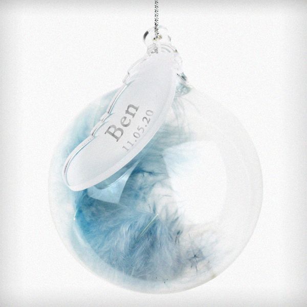 Modal Additional Images for Personalised Name & Date Blue Feather Glass Bauble