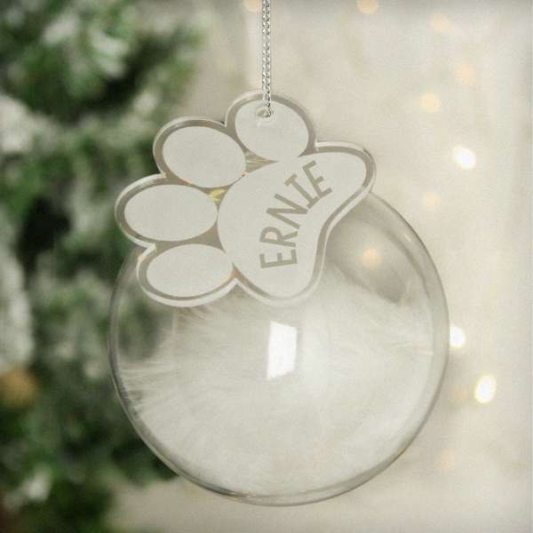 (image for) Personalised Pets White Feather Glass Bauble With Paw Print Tag