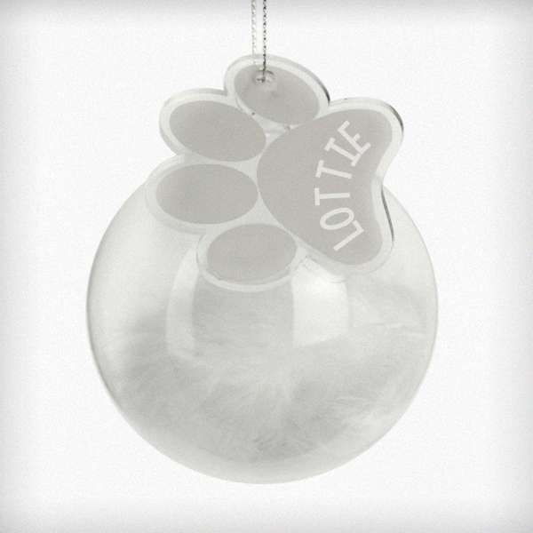 Modal Additional Images for Personalised Pets White Feather Glass Bauble With Paw Print Tag