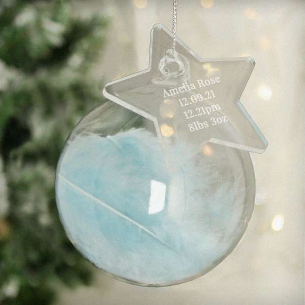 Modal Additional Images for Personalised Free Text Blue Feather Glass Bauble With Star Tag