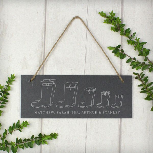 (image for) Personalised Welly Boot Family of Five Hanging Slate Plaque