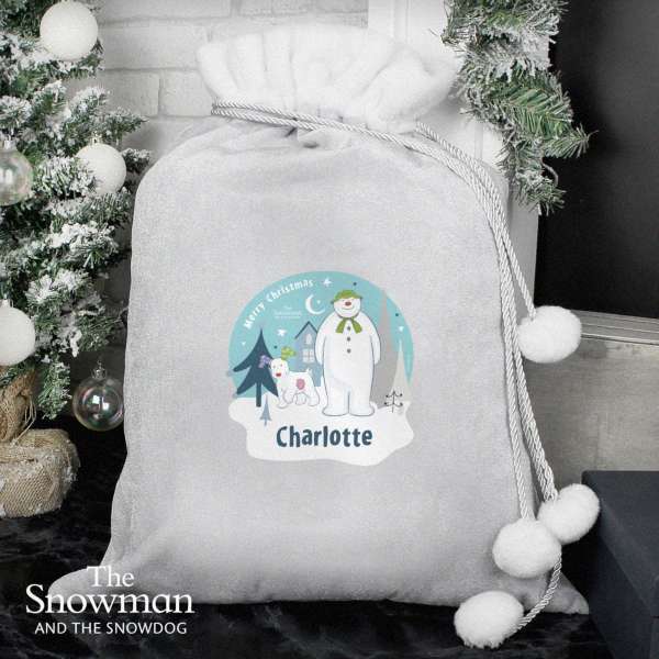 (image for) Personalised The Snowman and the Snowdog Luxury Silver Grey Pom Pom Sack