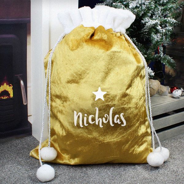 (image for) Personalised Name Only Gold Luxury Pom Pom Sack