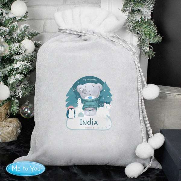 (image for) Personalised Winter Explorer Tiny Tatty Teddy Luxury Silver Grey Pom Pom Sack