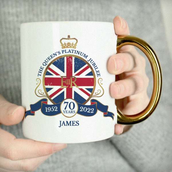 (image for) Personalised Union Jack Platinum Jubilee Gold Handled Mug