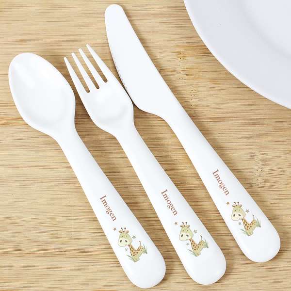 (image for) Personalised Hessian Giraffe 3 Piece Plastic Cutlery Set