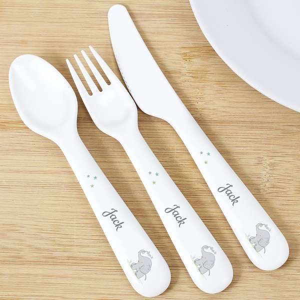 (image for) Personalised Hessian Elephant 3 Piece Plastic Cutlery Set