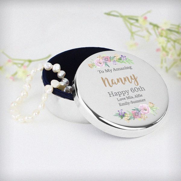 Modal Additional Images for Personalised Floral Watercolour Round Trinket Box