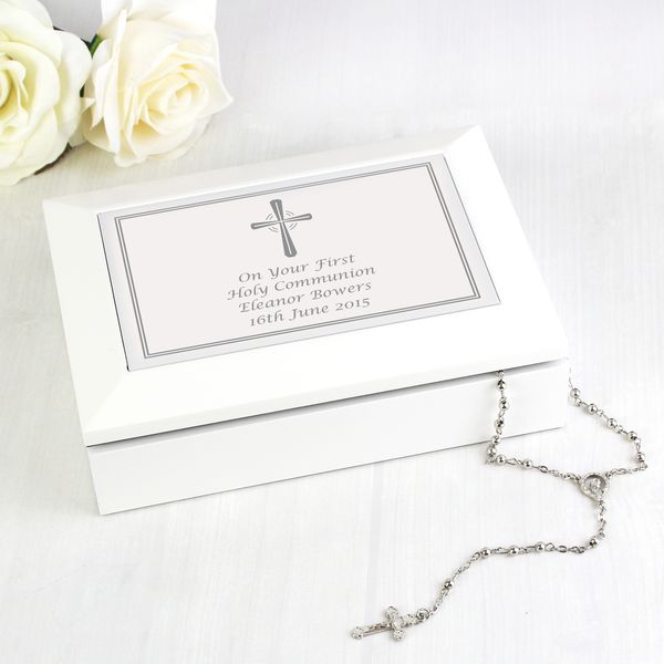 (image for) Personalised Silver Cross White Wooden Keepsake Box