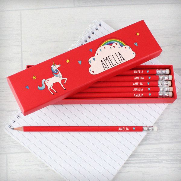 (image for) Personalised Unicorn Box of 12 Red HB Pencils