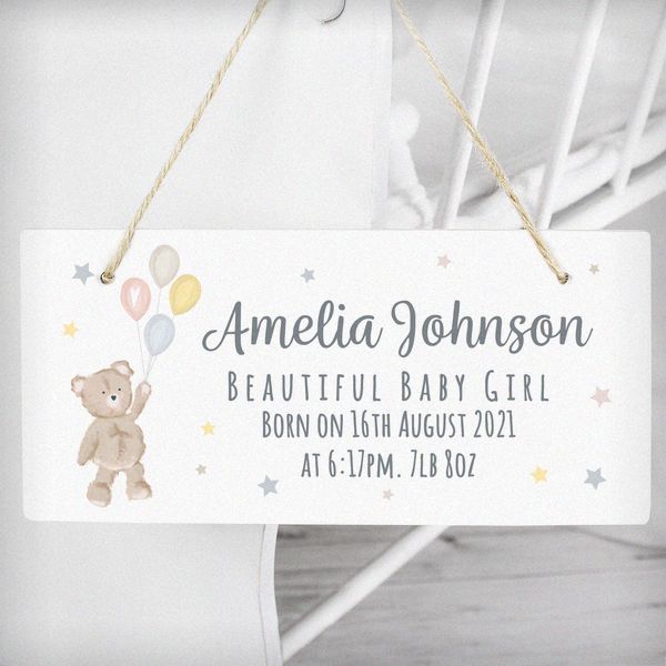 (image for) Personalised Teddy & Balloons White Wooden Sign