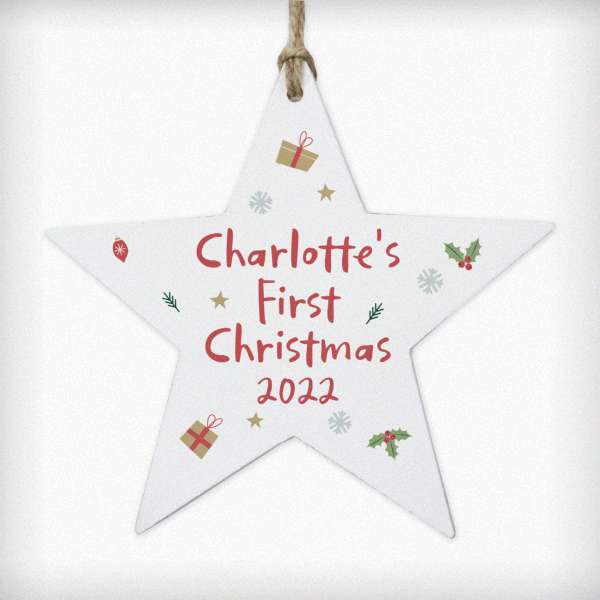 Modal Additional Images for Personalised First Christmas Wooden Star Decoration