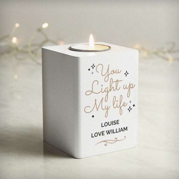 (image for) Personalised Light Up My Life White Wooden Tea light Holder