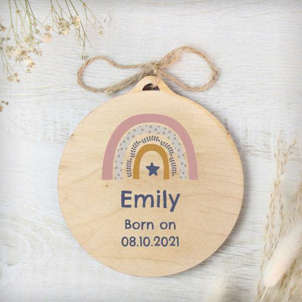 (image for) Personalised Pink Rainbow Round Wooden Bauble Decoration