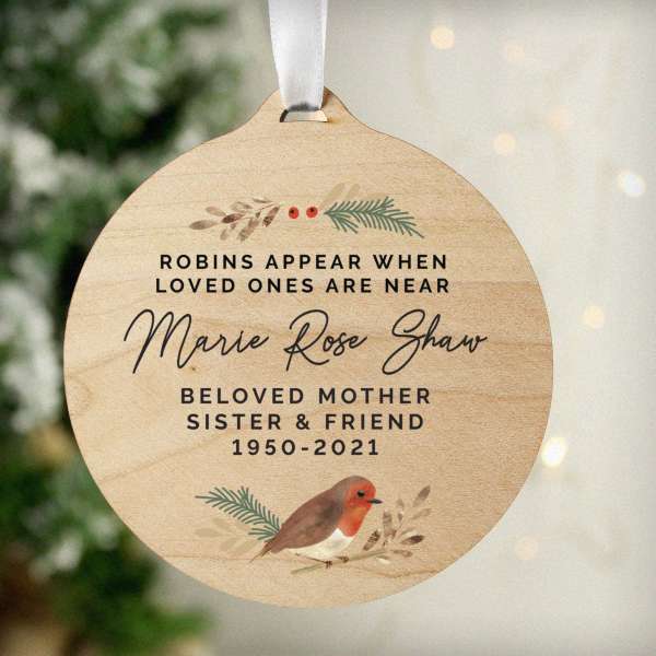 (image for) Personalised Robin Memorial Round Wooden Bauble Decoration