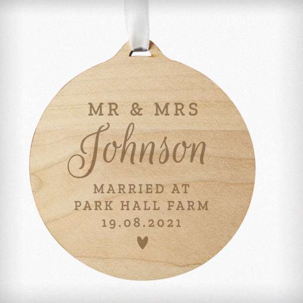 Modal Additional Images for Personalised Mr & Mrs Round Wooden Bauble Decoration