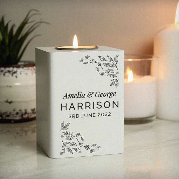 (image for) Personalised Floral Leaf White Wooden Tea Light Holder