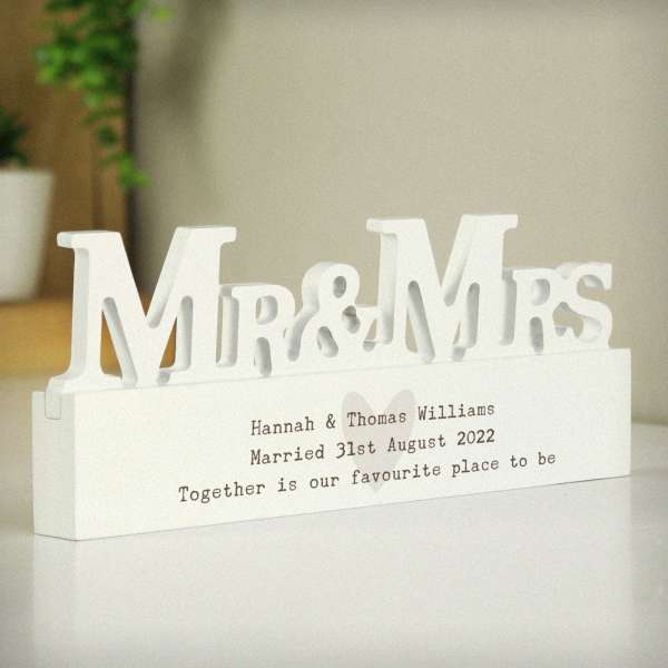 (image for) Personalised Free Text Heart Wooden Mr & Mrs Ornament