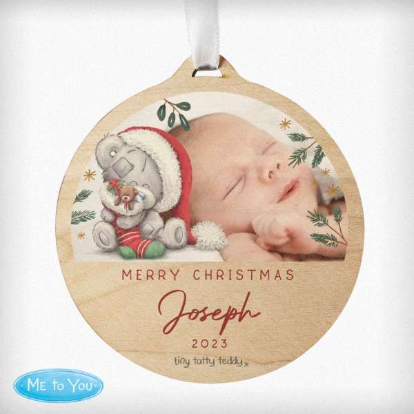 Modal Additional Images for Personalised First Christmas Tiny Tatty Teddy Photo Upload Round Wooden Decoration