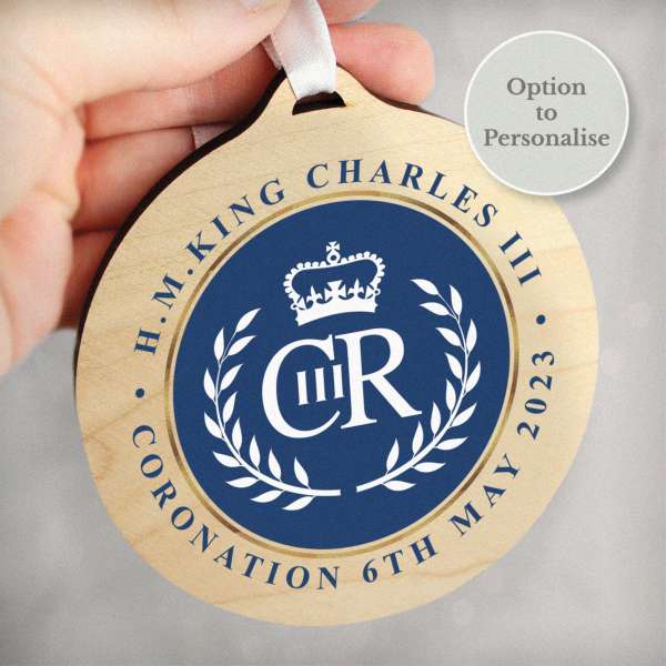 (image for) King Charles III Blue Crest Coronation Commemorative Round Wooden Decoration