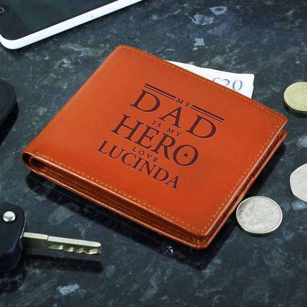 Modal Additional Images for Personalised My Dad is My Hero Tan Leather Wallet